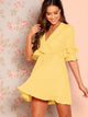 Deep V Neck Ruffle Trim Pleated Dress