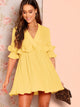 Deep V Neck Ruffle Trim Pleated Dress
