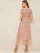  70s Ditsy Floral Tie Neck Ruffle Trim Dress