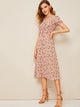  70s Ditsy Floral Tie Neck Ruffle Trim Dress