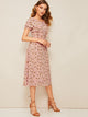  70s Ditsy Floral Tie Neck Ruffle Trim Dress