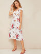 40s Tie Neck Flutter Sleeve Floral Sweetheart Dress
