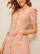 Puff Sleeve Pocket Patched Button Up Dress