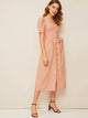 Puff Sleeve Pocket Patched Button Up Dress