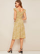 Ditsy Floral Print Ruffle Cuff Self Belted Dress