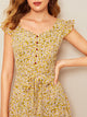 Ditsy Floral Print Ruffle Cuff Self Belted Dress