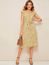Ditsy Floral Print Ruffle Cuff Self Belted Dress