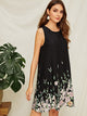 Flower & Leaf Print Trapeze Dress