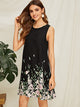 Flower & Leaf Print Trapeze Dress