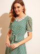 Allover Sunflower Print Lace Trim Belted Dress