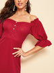 Button Front Ruffle Puff Sleeve Flare Bardot Dress