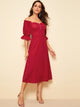Button Front Ruffle Puff Sleeve Flare Bardot Dress