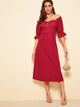 Button Front Ruffle Puff Sleeve Flare Bardot Dress