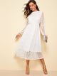 Scallop Mock Neck Sheer Balloon Sleeve Lace Dress