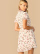 Floral Print Mock Neck Ruffle Trim Shirred Dress