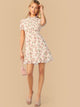 Floral Print Mock Neck Ruffle Trim Shirred Dress