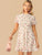 Floral Print Mock Neck Ruffle Trim Shirred Dress