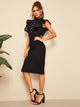 Mock-neck Fishnet Mesh Ruffle Trim Pencil Dress