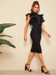 Mock-neck Fishnet Mesh Ruffle Trim Pencil Dress
