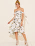 Floral Print Shirred Knot Cuff Off Shoulder Dress