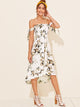 Floral Print Shirred Knot Cuff Off Shoulder Dress