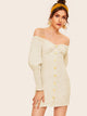 Button Front Shirred Bardot Dress