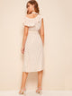 Asymmetrical Neck Ruffle Trim Heart Print Belted Dress