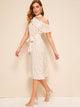 Asymmetrical Neck Ruffle Trim Heart Print Belted Dress