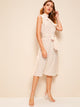 Asymmetrical Neck Ruffle Trim Heart Print Belted Dress