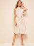 Asymmetrical Neck Ruffle Trim Heart Print Belted Dress