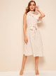 Asymmetrical Neck Ruffle Trim Heart Print Belted Dress