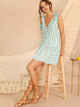 Knot Shoulder Button Front Striped Ruffle Hem Dress