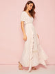 V Neck Ruffle Trim Lace Insert Maxi Dress