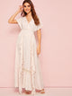 V Neck Ruffle Trim Lace Insert Maxi Dress