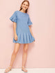 Ruffle Hem Flounce Sleeve Denim Dress