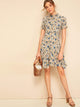 Frill Neck Button Up Flounce Hem Floral Tea Dress