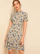 Frill Neck Button Up Flounce Hem Floral Tea Dress