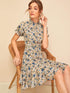 Frill Neck Button Up Flounce Hem Floral Tea Dress