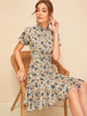 Frill Neck Button Up Flounce Hem Floral Tea Dress