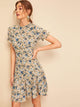 Frill Neck Button Up Flounce Hem Floral Tea Dress