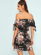 Botanical Print Tie Cuff Off Shoulder Dress