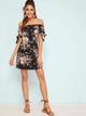 Botanical Print Tie Cuff Off Shoulder Dress