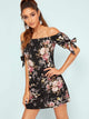 Botanical Print Tie Cuff Off Shoulder Dress