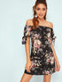 Botanical Print Tie Cuff Off Shoulder Dress