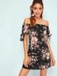 Botanical Print Tie Cuff Off Shoulder Dress