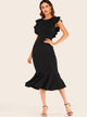 Ruffle Trim Zip Back Fishtail Dress