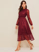 Scallop Mock Neck Sheer Balloon Sleeve Lace Dress