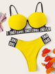 Letter Tape Underwire Top With Cut-out Bikini Set