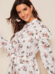 Floral Print Ruffle Trim Self Belted Shirt Dress