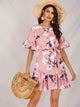 Large Floral Print Belted Ruffle Hem Dress